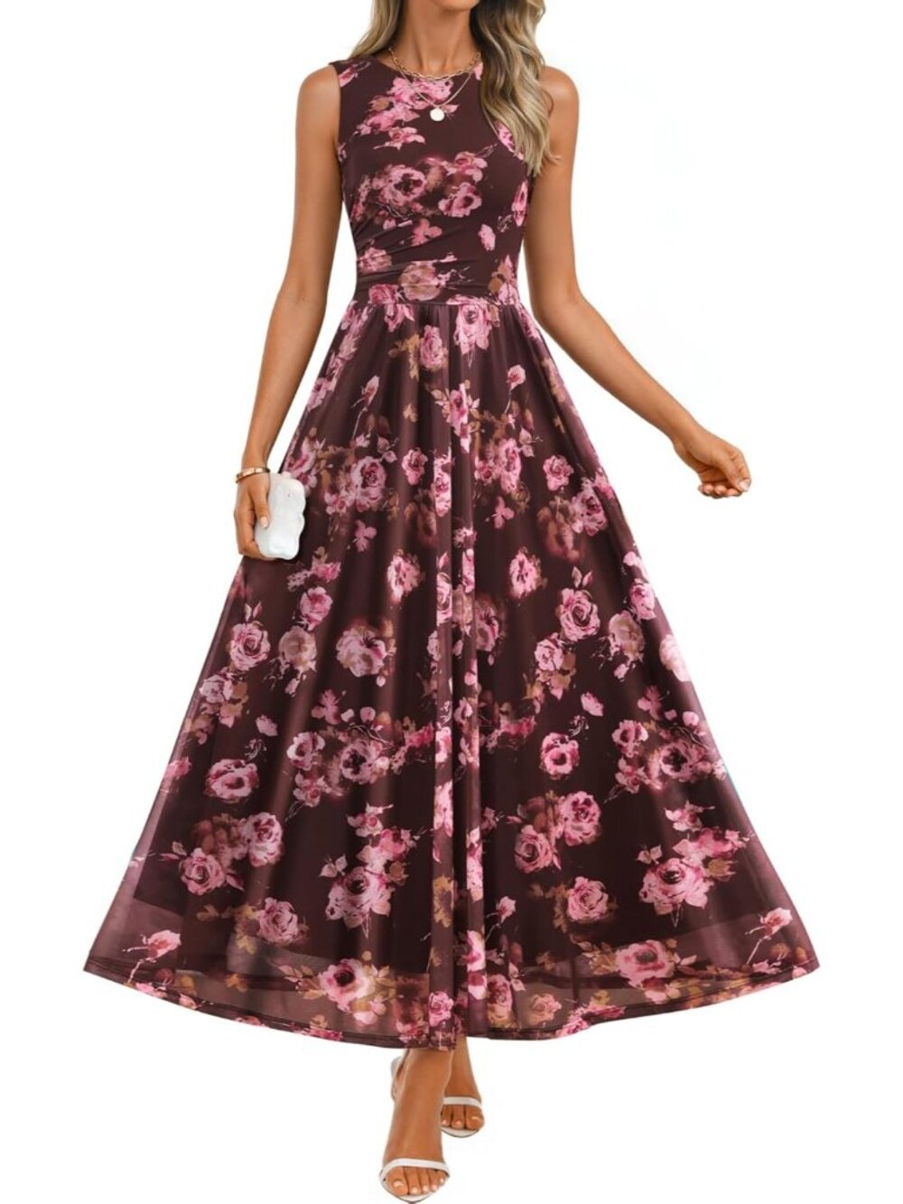 Women's Brown Floral Sleeveless Crew Neck A LINE Boho Imported Maxi Dress